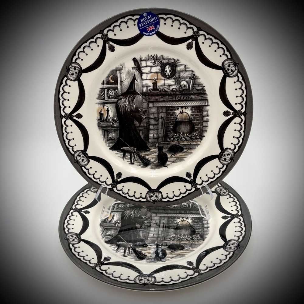 ROYAL STAFFORD Witch Plates Halloween Decor Made in England Set of 2 NEW